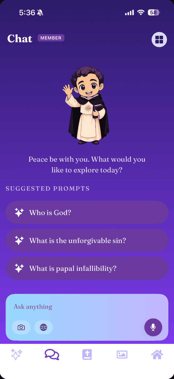 Pantalla de chat de Catholic AI
